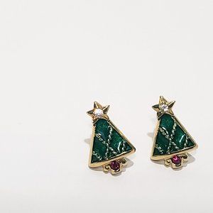 Christmas Tree Earrings Pierced 3/4" Gold Tone Green Enamel Rhinestones Vintage